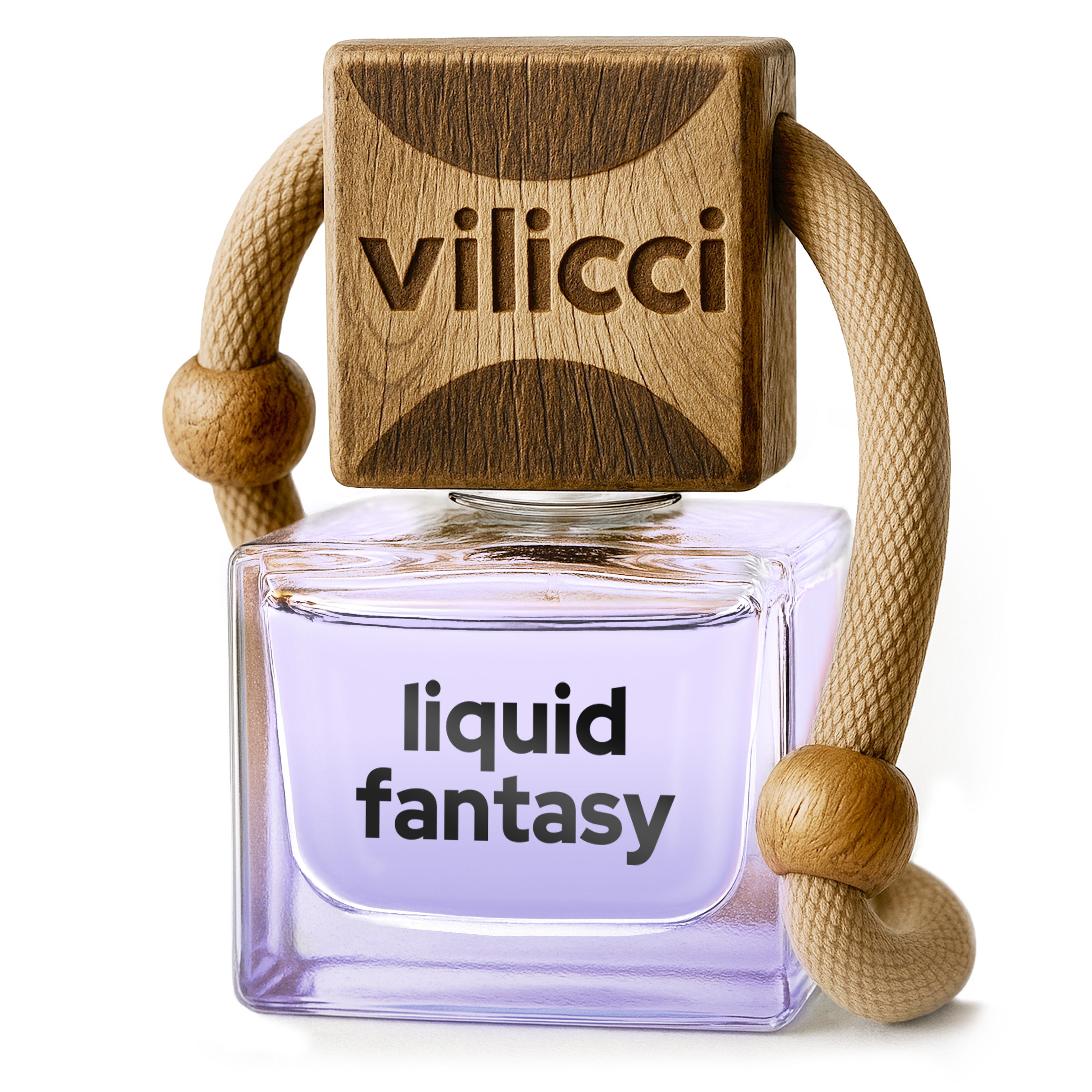 Vilicci Liquid Fantasy car diffuser in signature square glass bottle with engraved wooden cap and rope